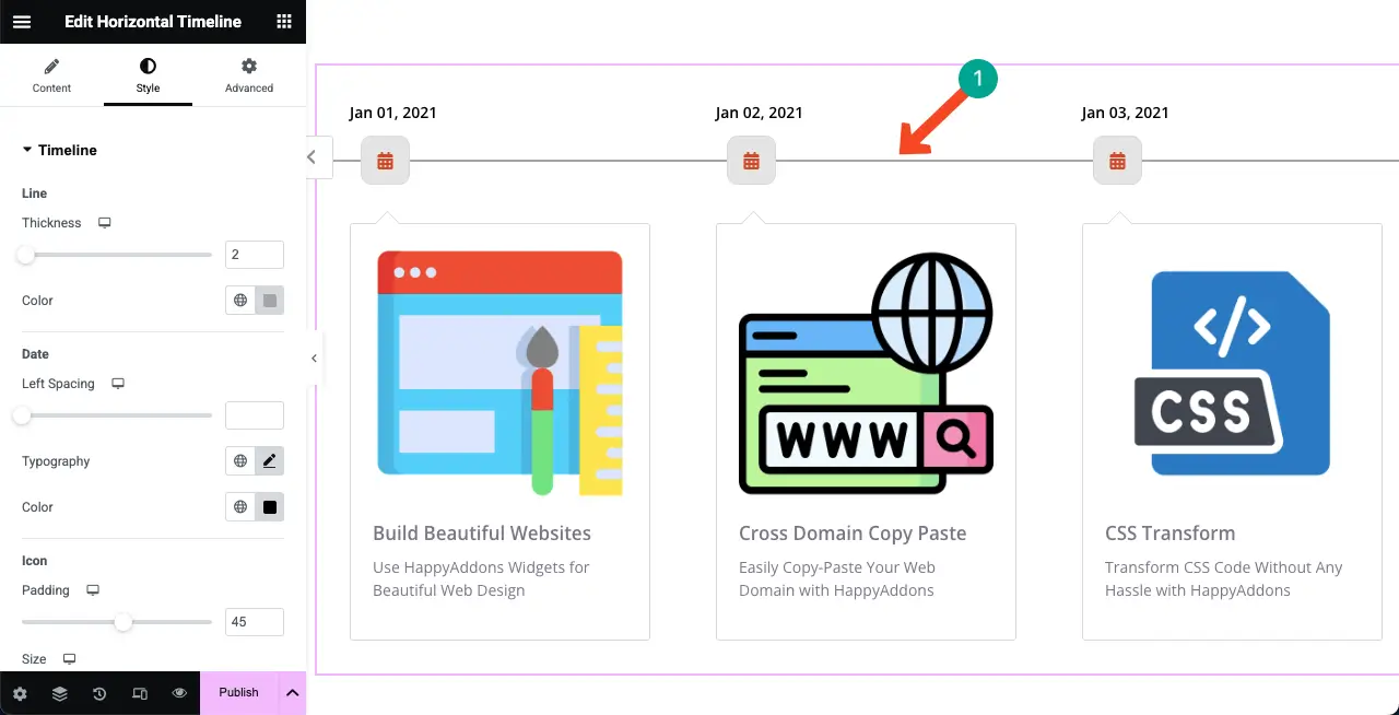 Jak utworzyć oś czasu w WordPress z Elementor 14 Stylized the horizontal timeline