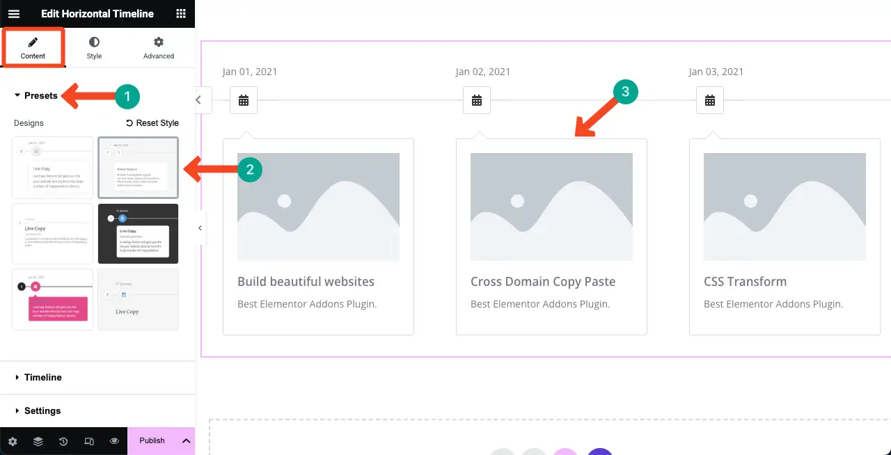 Jak utworzyć oś czasu w WordPress z Elementor 5 Select a Preset for the Horizontal Timeline Widget