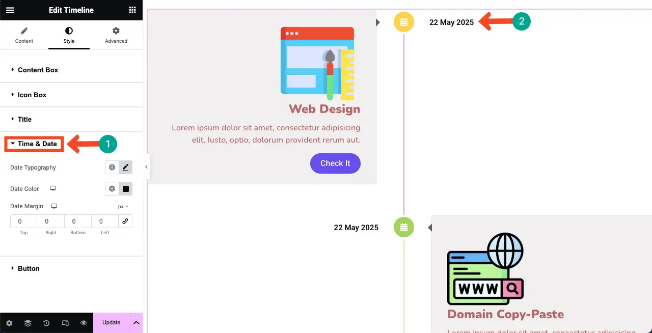Jak utworzyć oś czasu w WordPress z Elementor 28 Stylize time and date