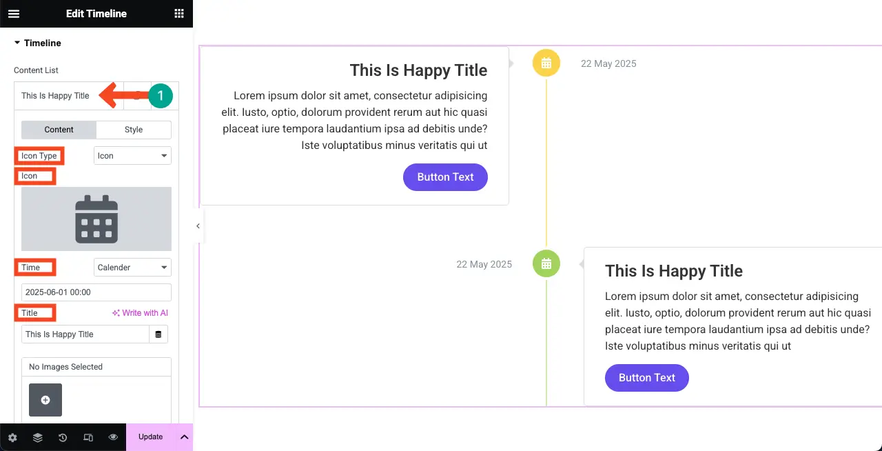 Jak utworzyć oś czasu w WordPress z Elementor 21 Add content to the verticle timeline