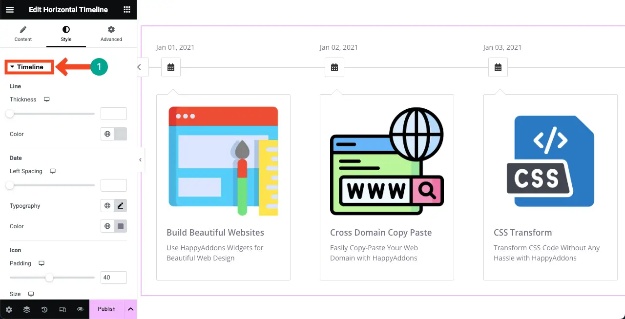 Jak utworzyć oś czasu w WordPress z Elementor 13 Expand the Timeline section from the Style Tab