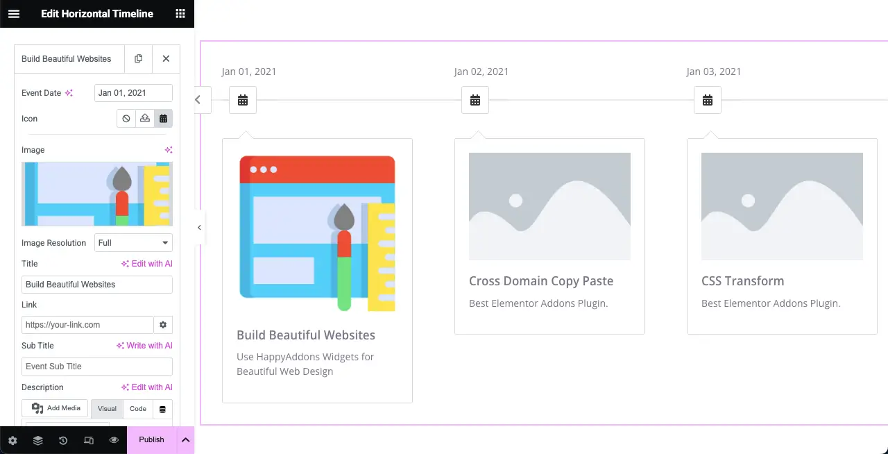 Jak utworzyć oś czasu w WordPress z Elementor 8 Content added to the horizontal timeline tab