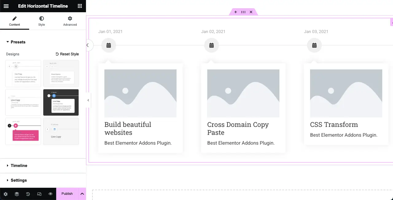 Jak utworzyć oś czasu w WordPress z Elementor 4 Horizontal widget is added to the Elementor canvas