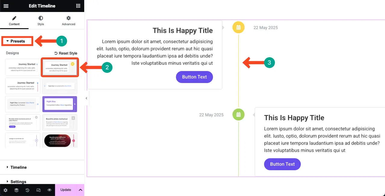 Jak utworzyć oś czasu w WordPress z Elementor 19 Select a Preset for the Vertical Timeline Widget