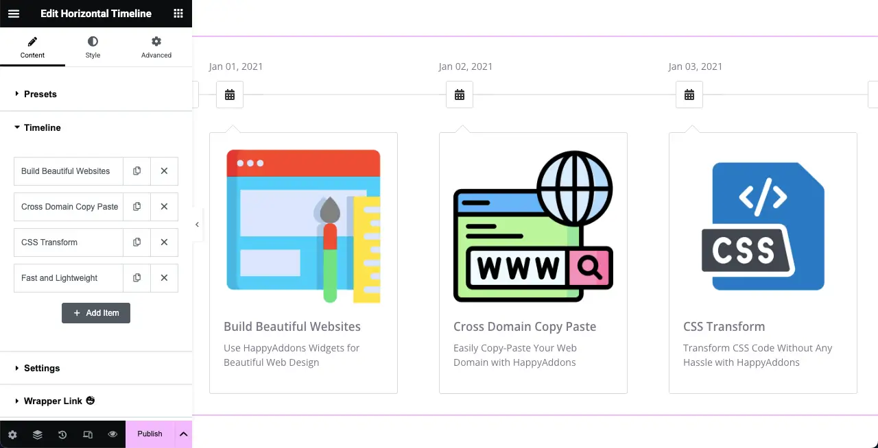 Jak utworzyć oś czasu w WordPress z Elementor 9 Add content to all timeline tabs