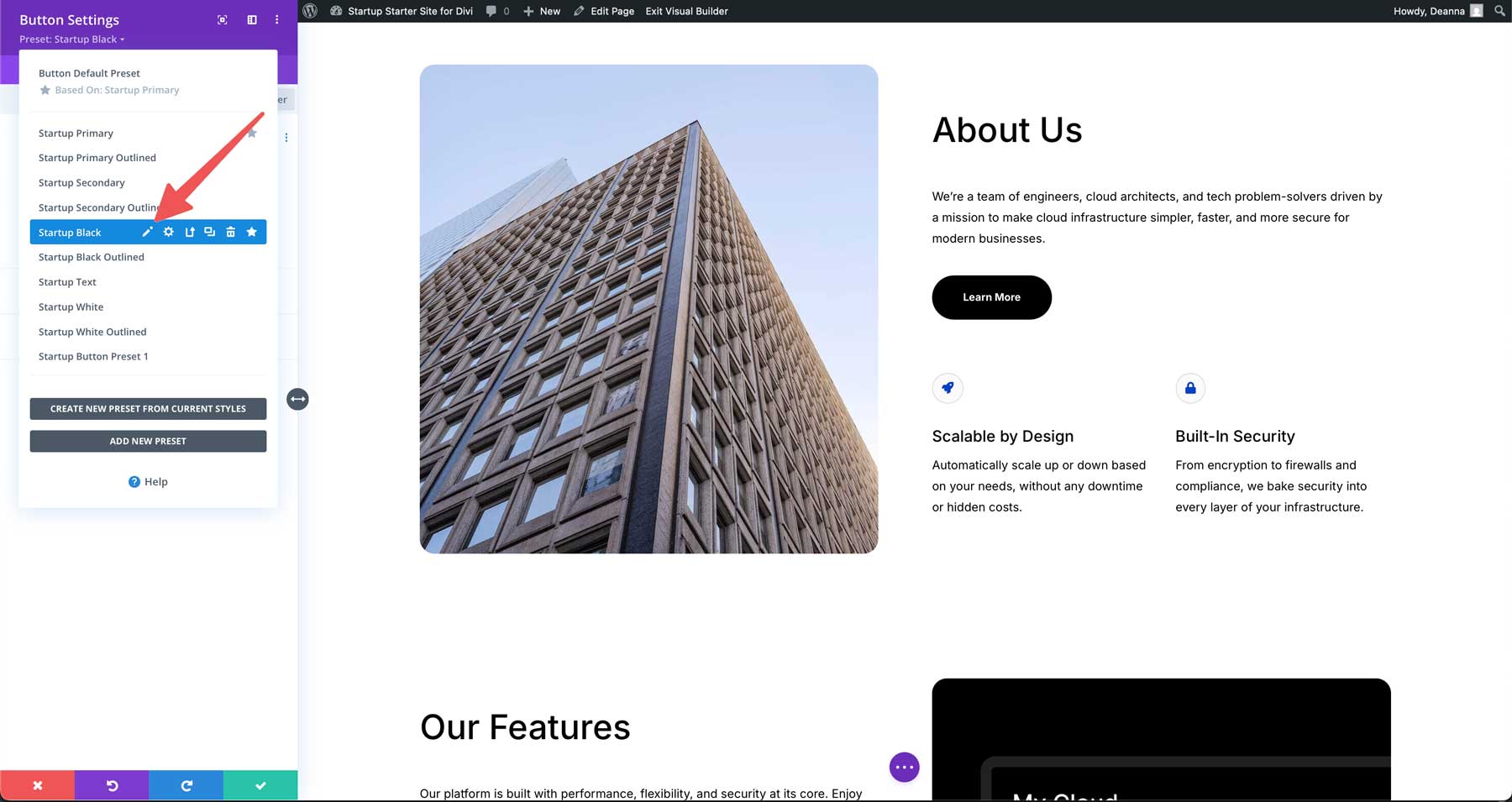 Divi의 스타트 업 스타터 사이트