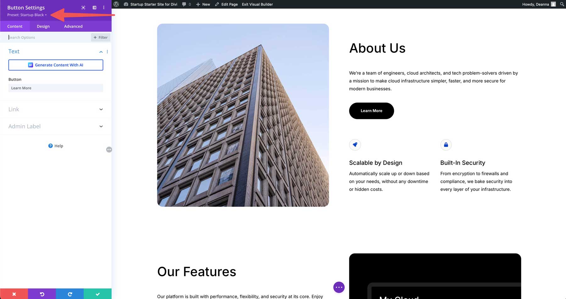 Divi의 스타트 업 스타터 사이트