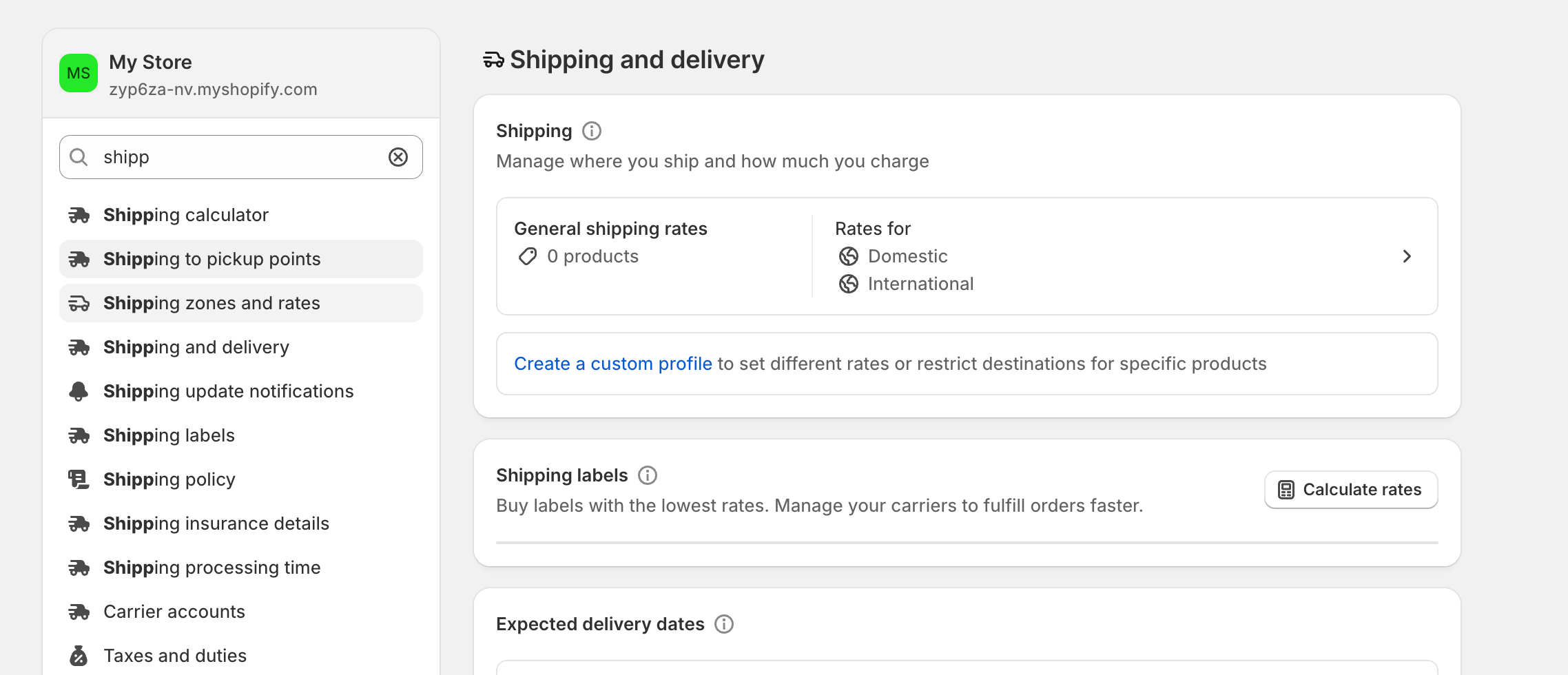 これはShopifyの配送のスクリーンショットです