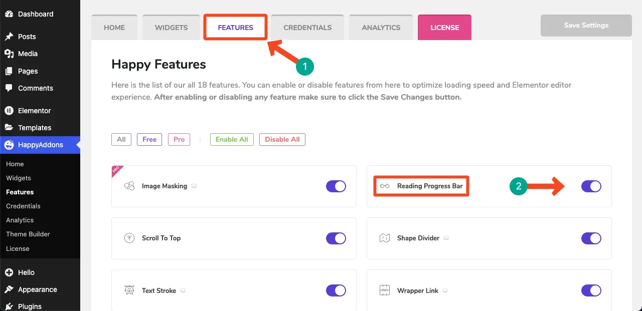 Come visualizzare la barra di avanzamento di lettura in wordpress con elementor 2 Enable the reading progress bar feature