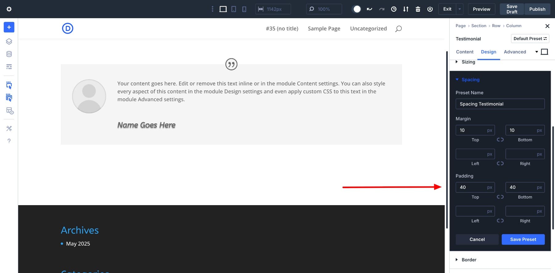 Esempio di preimpostazione del gruppo di opzioni di testimonianza