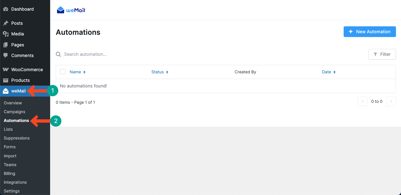 Wemailの自動化オプションに移動します
