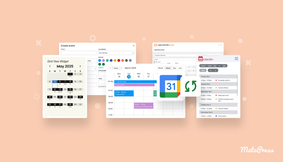 WordPress用の最高のGoogleカレンダープラグインのコラージュ。