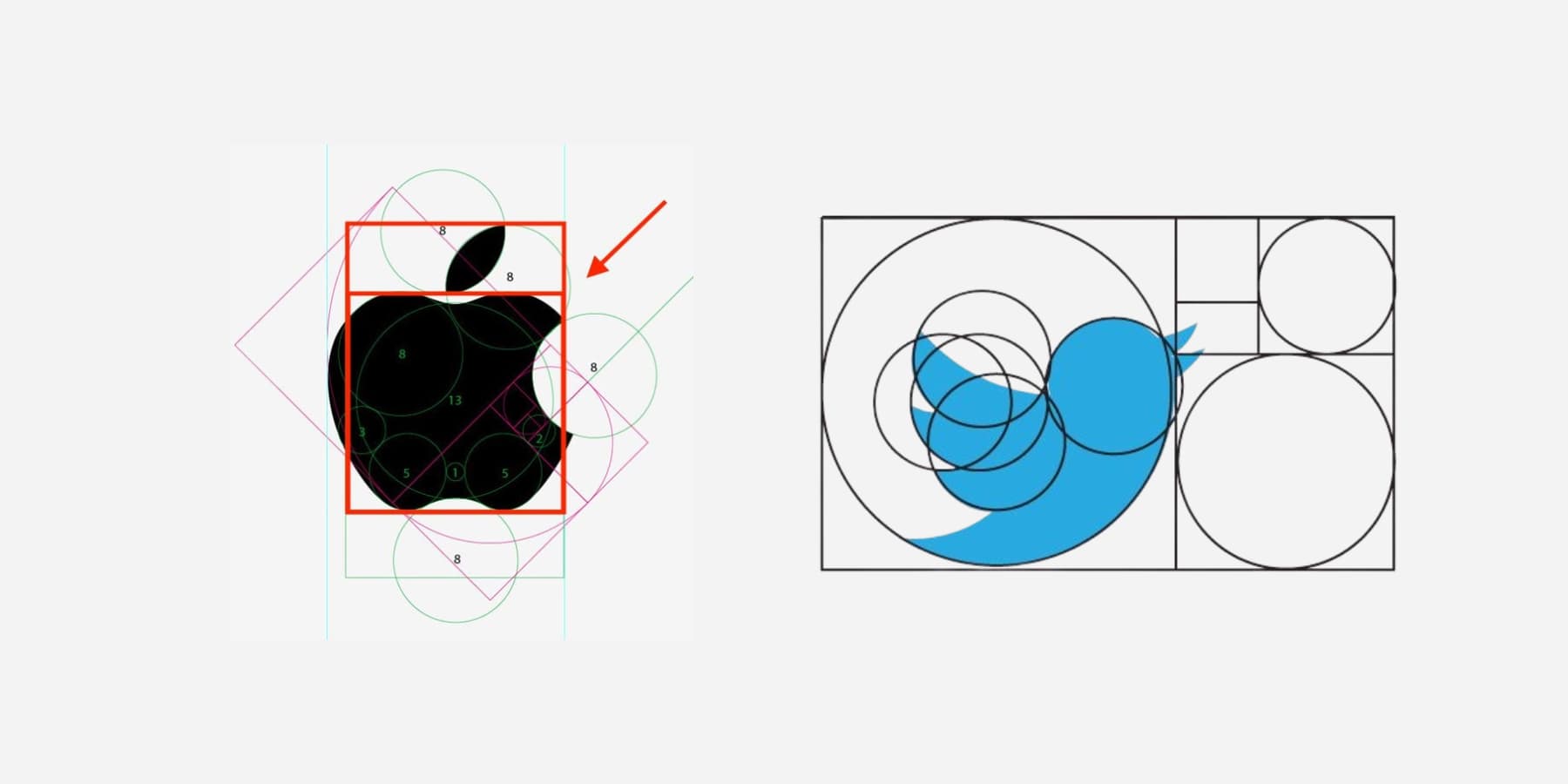Apple ve Twitter logosunda Fibonacci dizilerinin görsel bir sunumu