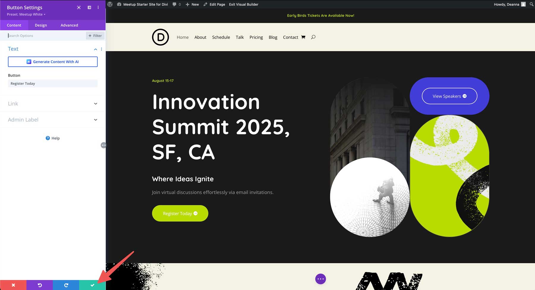 Sito di avviamento Meetup per Divi