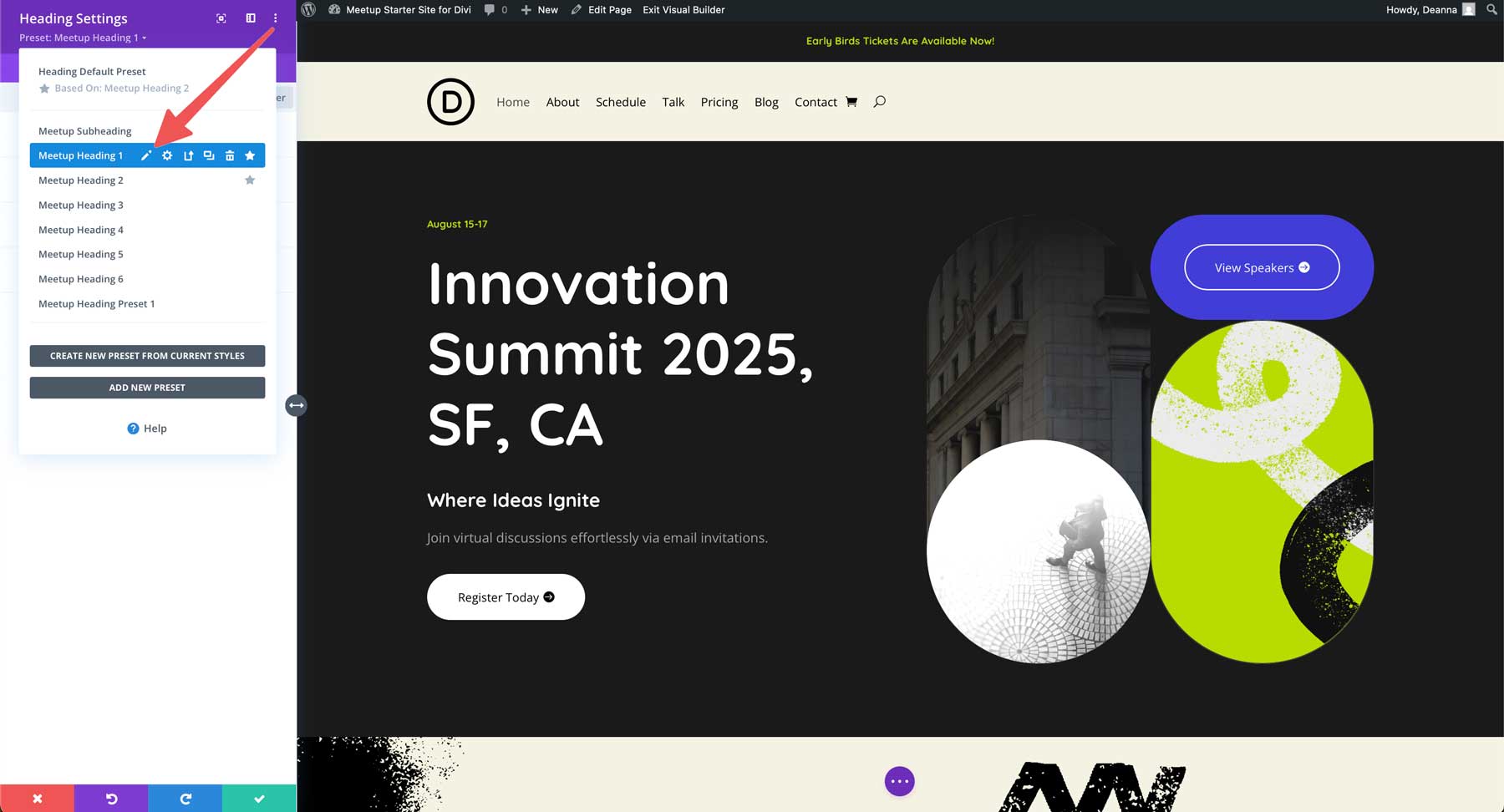 Sito di avviamento Meetup per Divi