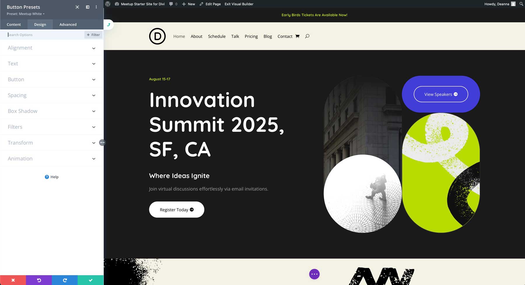 Sito di avviamento Meetup per Divi