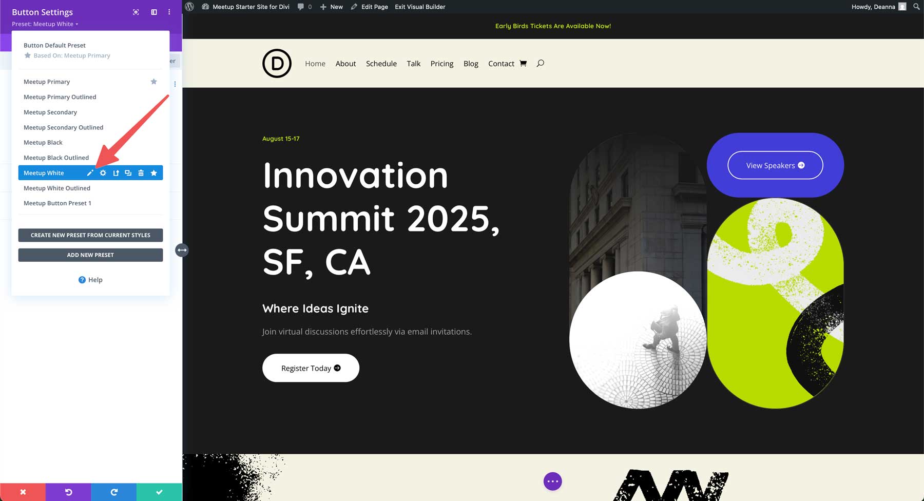 Sito di avviamento Meetup per Divi