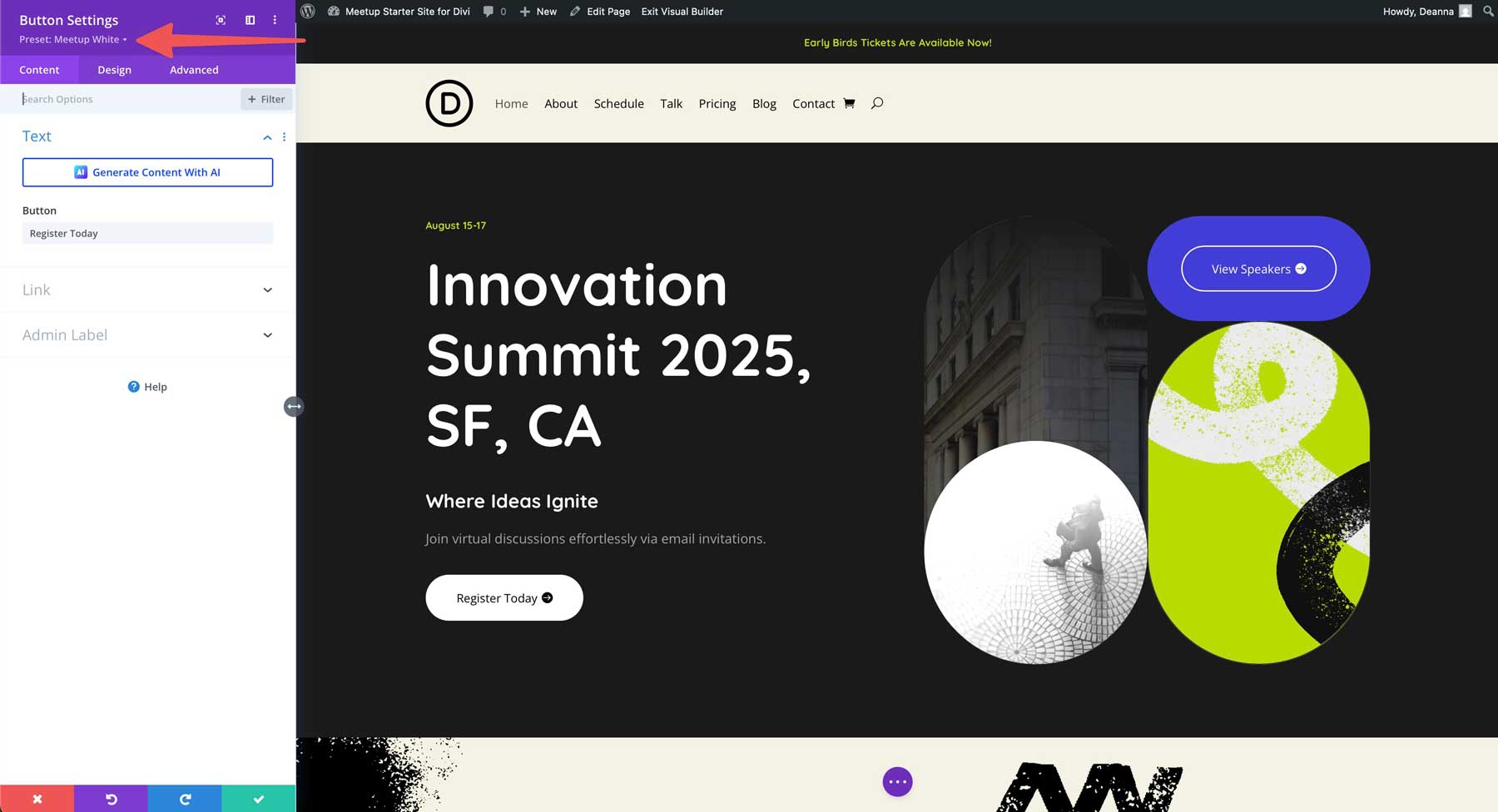 Sito di avviamento Meetup per Divi