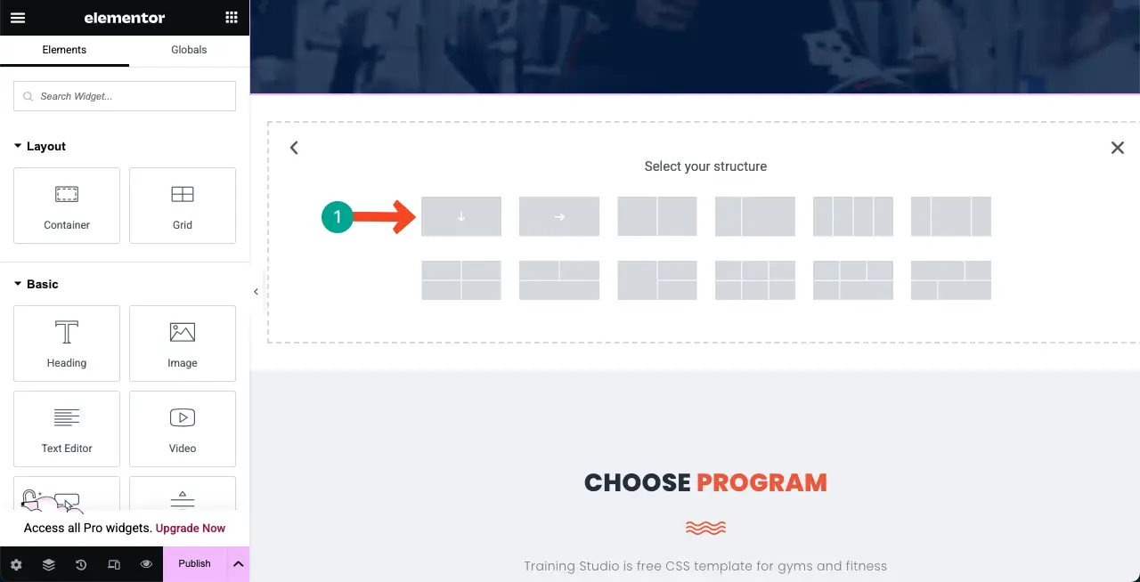 Elementor 4を使用してWordPressにスクロールテキストを追加する方法 Select a column structure for the new section