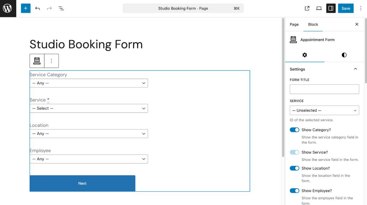Formulaire de réservation de studio dans Gutenberg Editor.