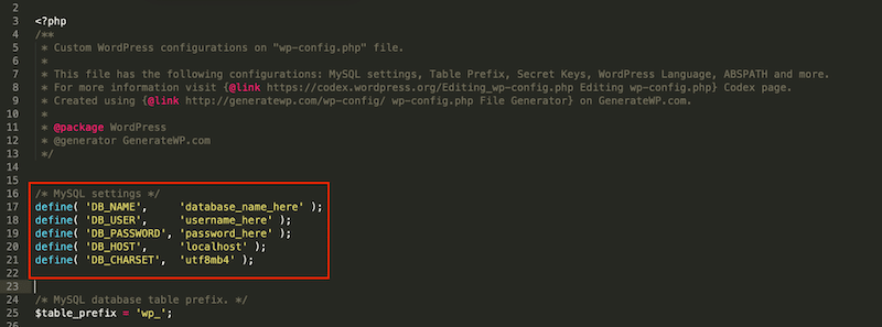 WP -Configファイルからのデータベース資格情報が一致するかどうかを確認 - 出典:構成ファイルの例