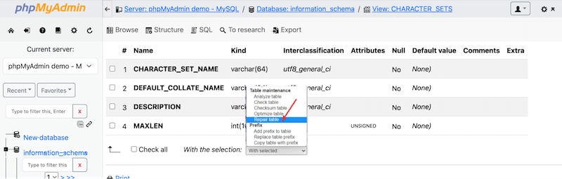 phpmyAdminでデータベースを修復する方法 - 出典:phpmyadmin