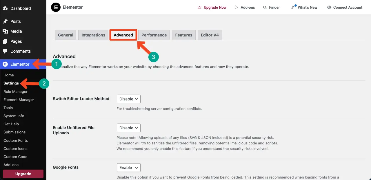 Elementor Advanced Settings