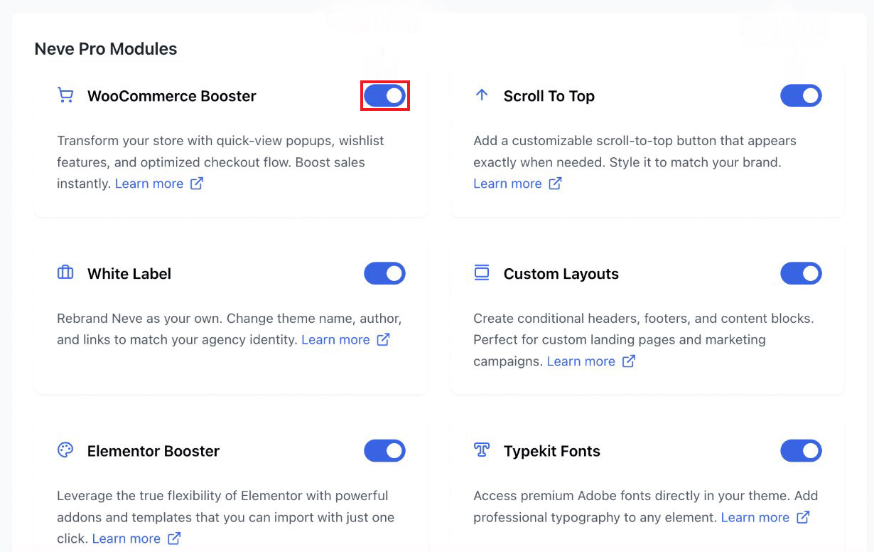 NeveでWooCommerce Boosterを有効にします