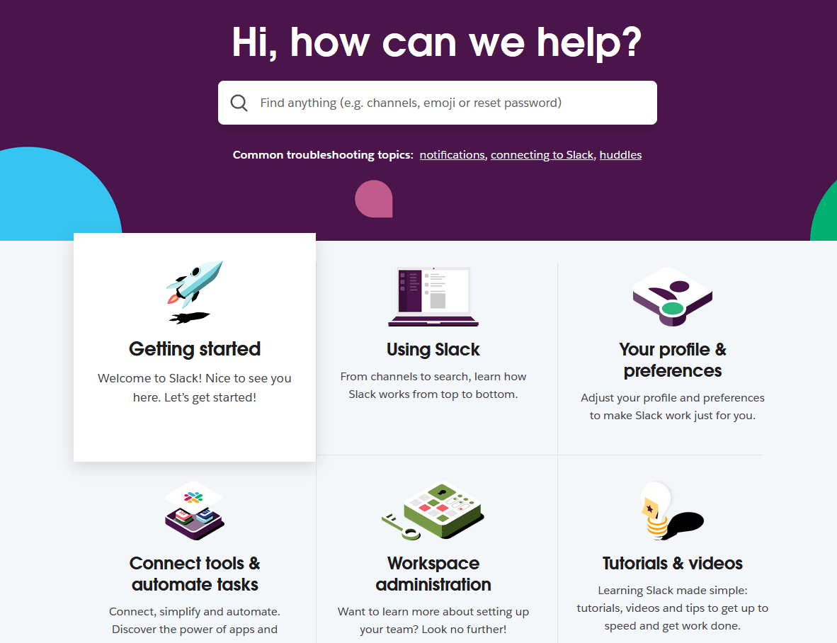 Slack help center home