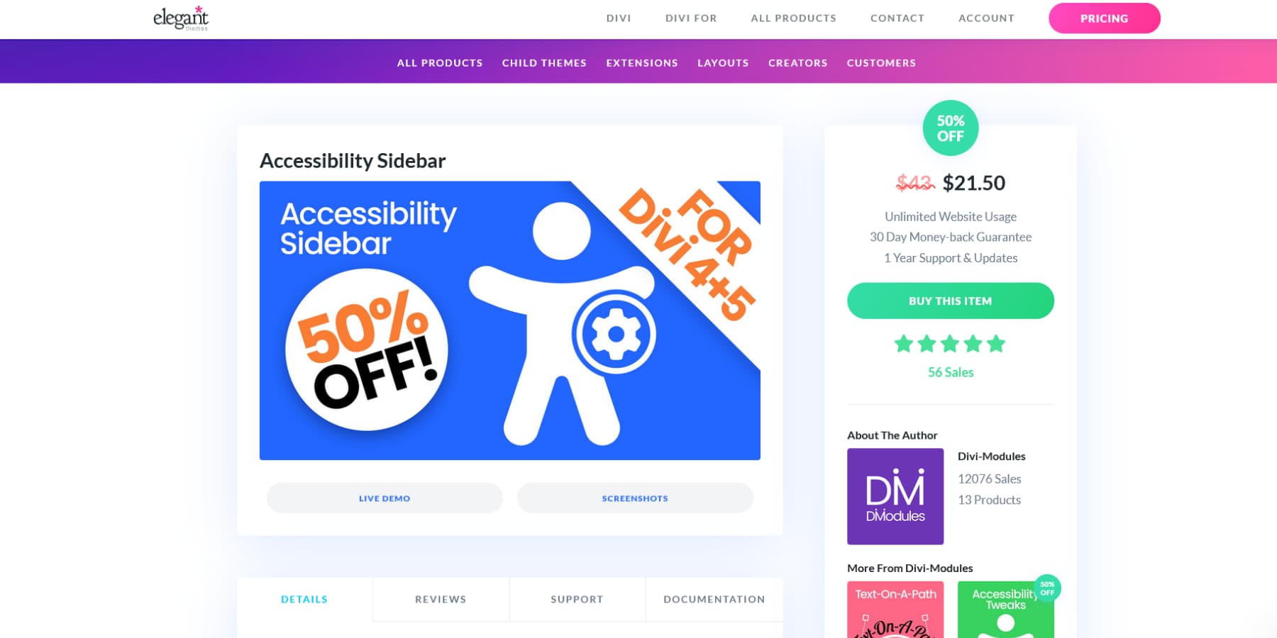 Divi Marketplaceのアクセシビリティサイドバーのスクリーンショット