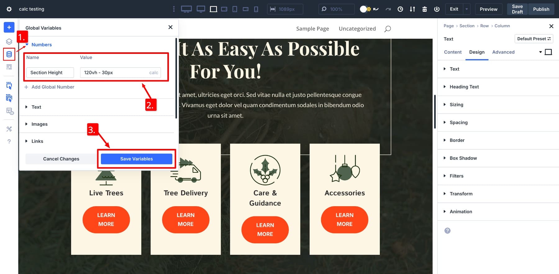 Bir Calc () değerini sayı tasarım değişkeni olarak kaydetmek