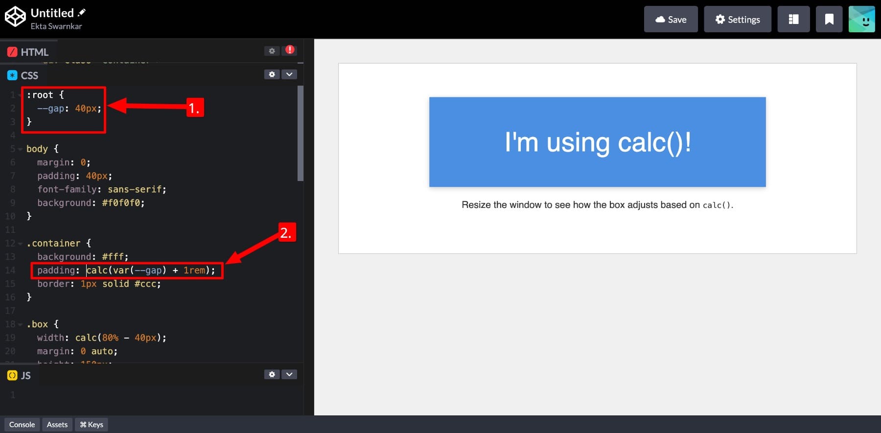 Calc'daki CSS değişkenleri