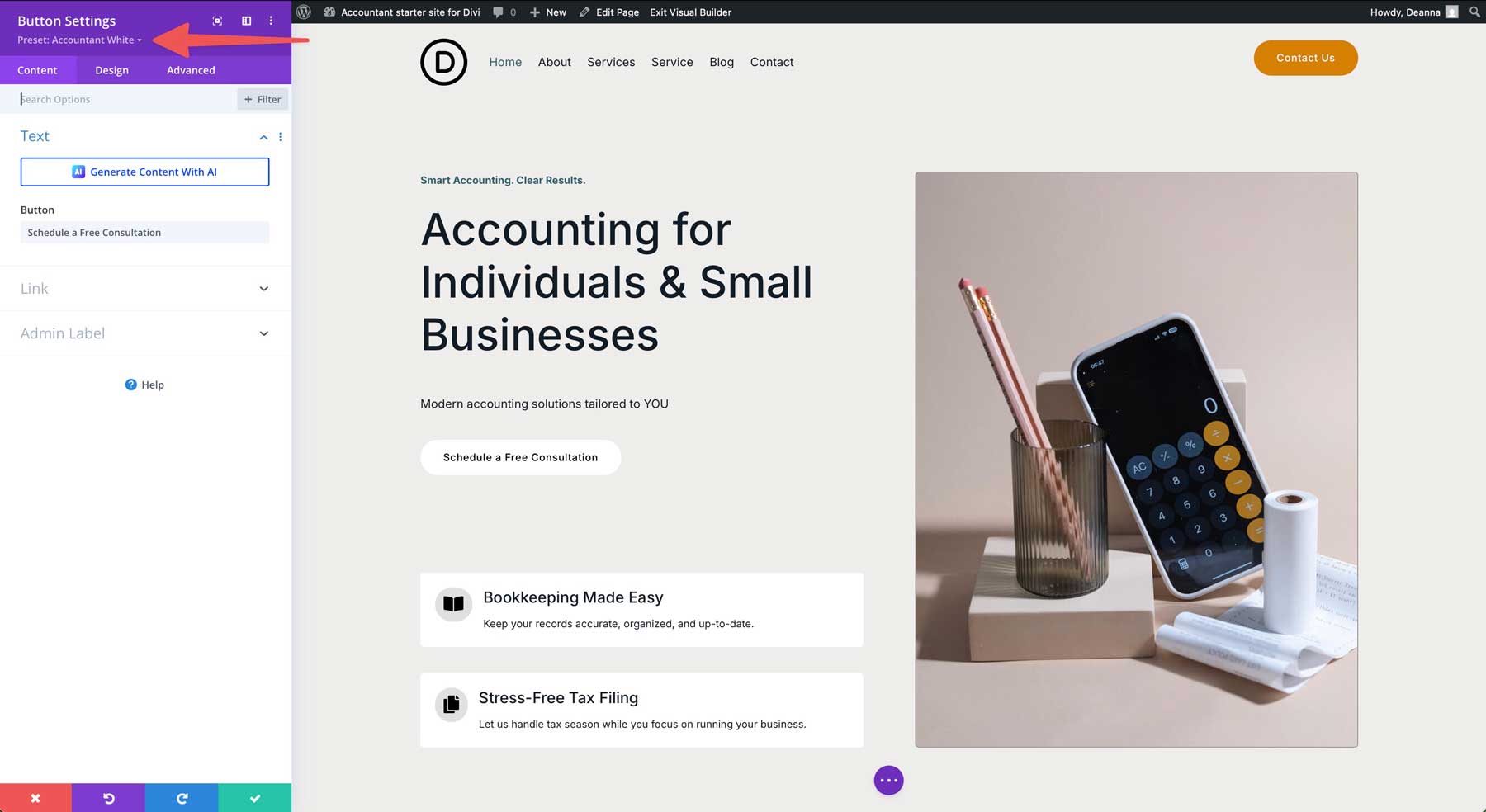 Accountant Starter Site für Divi