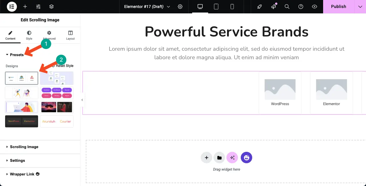 Cum se creează o galerie de imagini de defilare automată în WordPress cu Elementar 6 Select a Preset for the Scrolling Image Widget