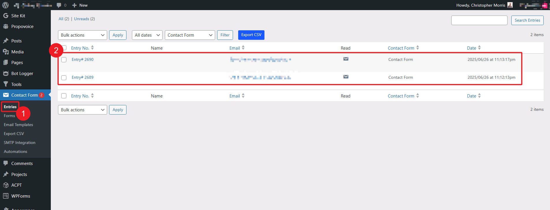 DivI Contact Form Helper Entries in WP Backend