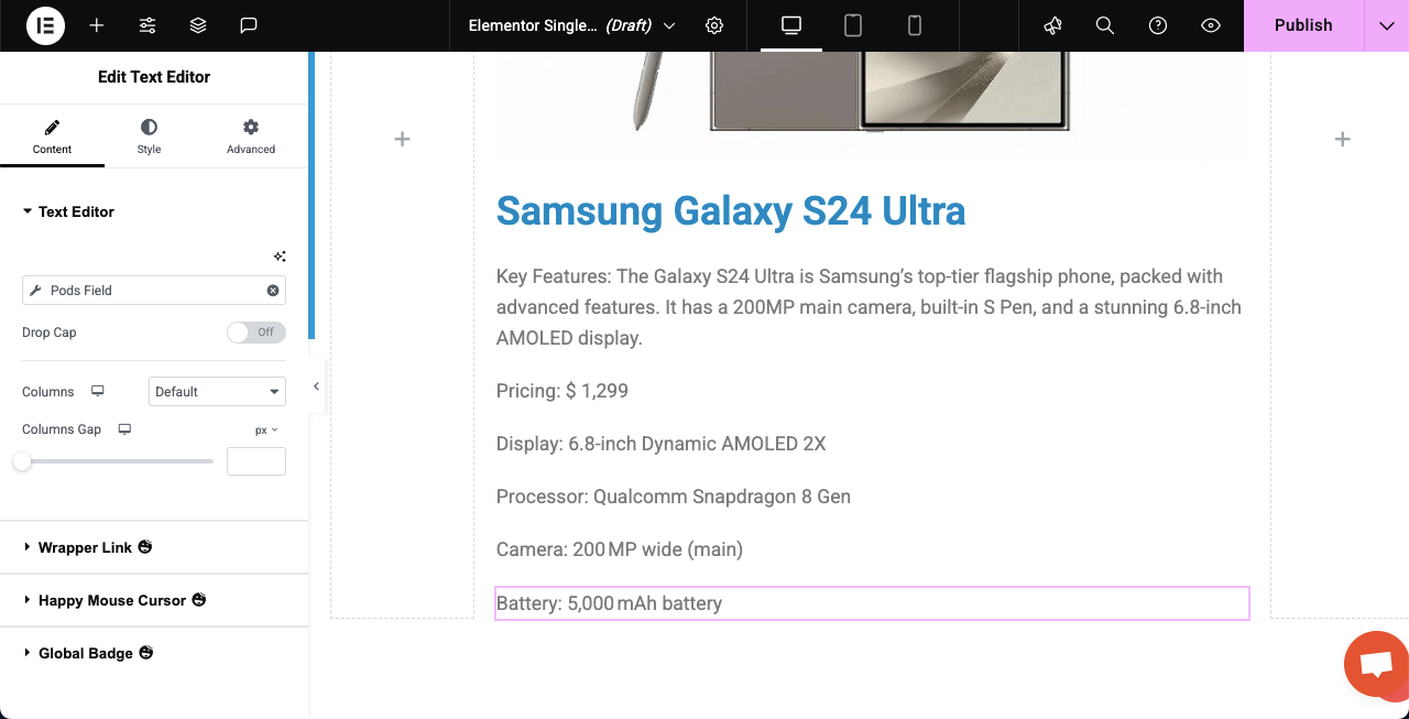 Comment créer une page Web dynamique dans WordPress avec Elementor 30 All the custom fields are added to the canvas