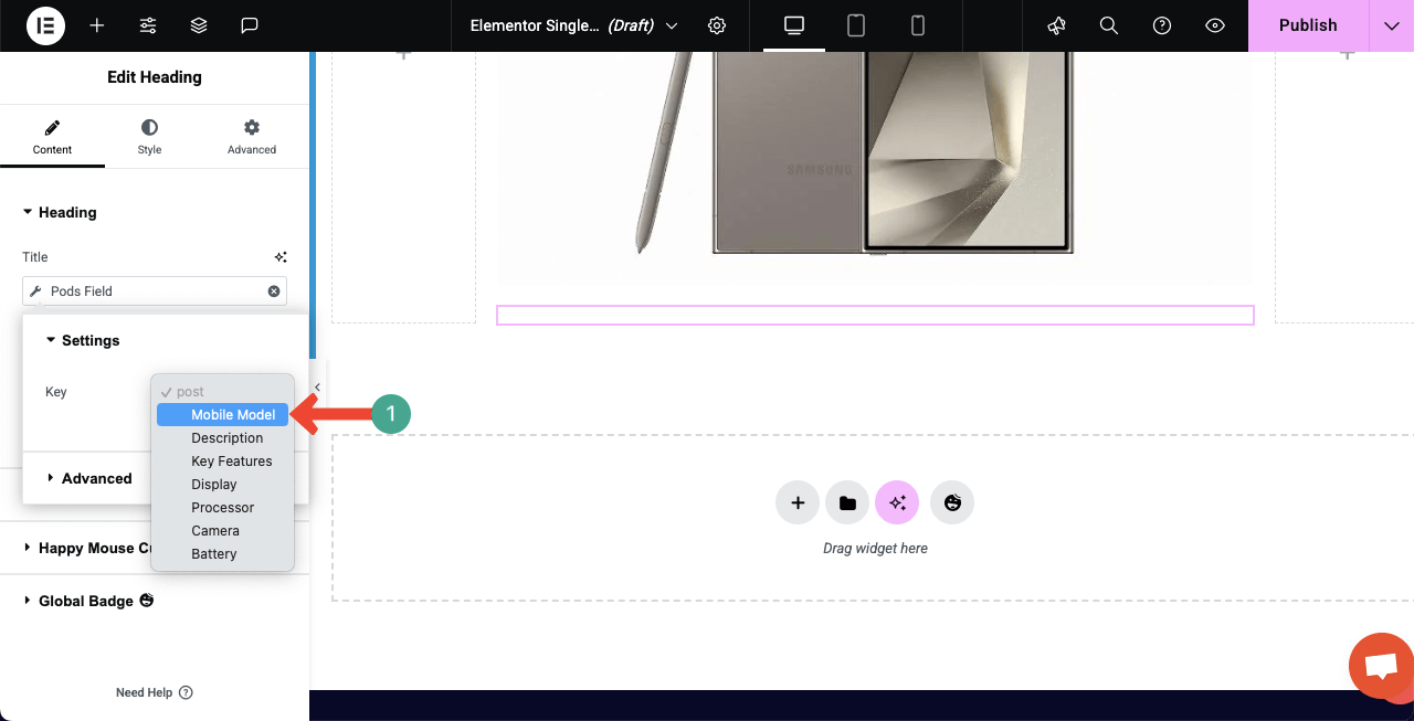 Comment créer une page Web dynamique dans WordPress avec Elementor 28 Select a custom field for the heading