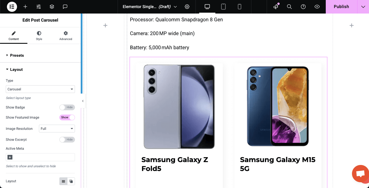 Comment créer une page Web dynamique dans WordPress avec Elementor 33 The post carousel widget is added