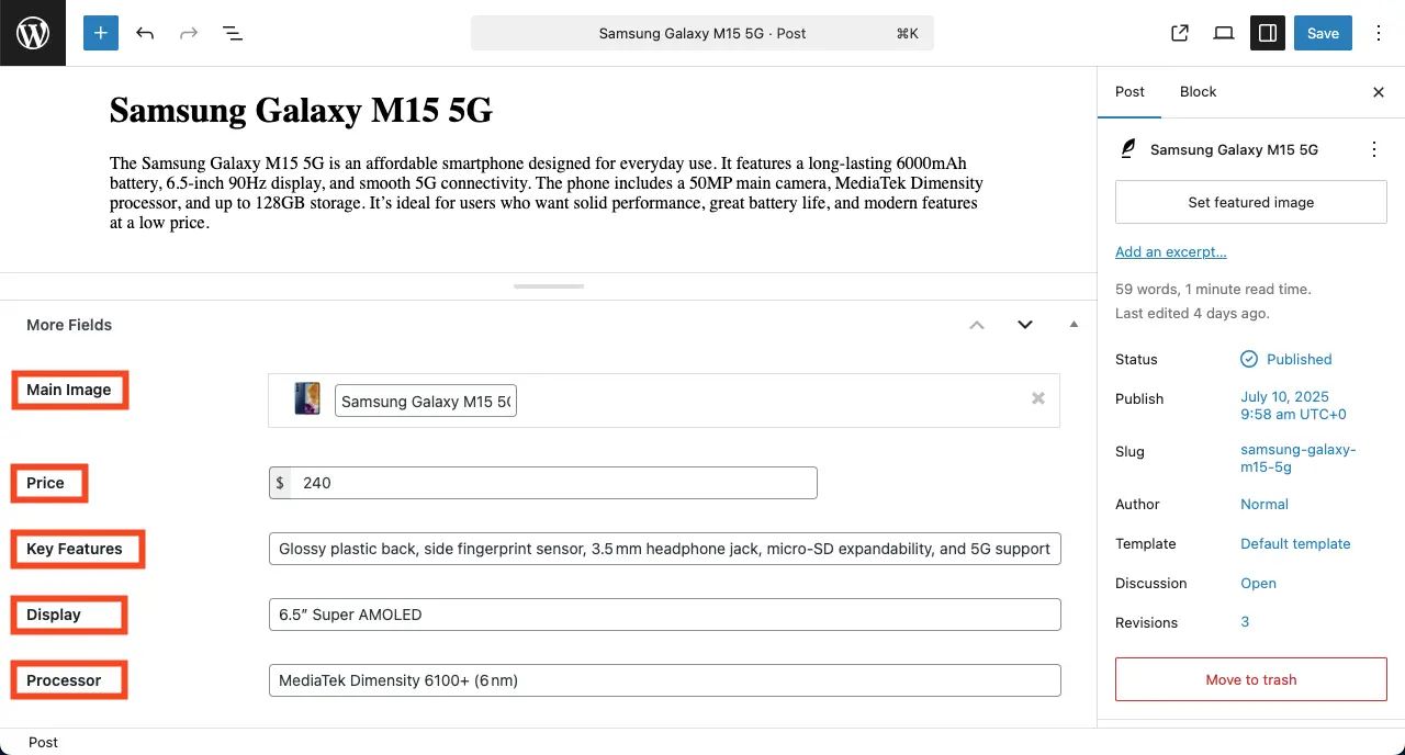 Comment créer une page Web dynamique dans WordPress avec Elementor 14 Custom fields filled in