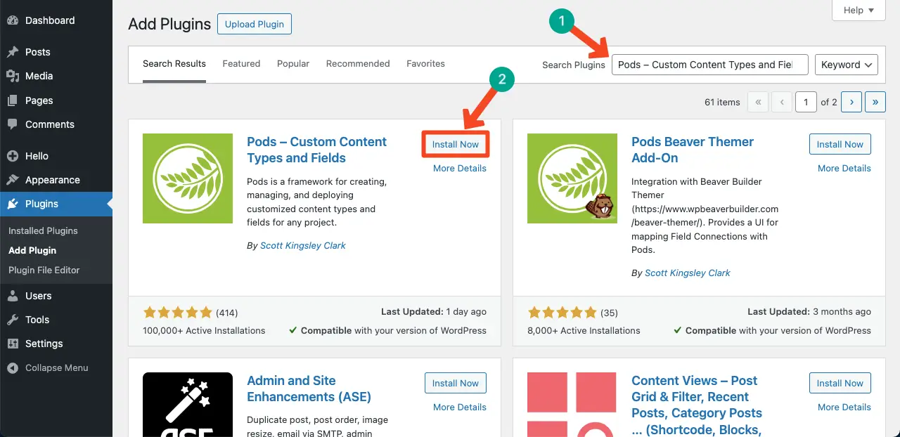 Comment créer une page Web dynamique dans WordPress avec Elementor 3 Install the Pods Admin Plugin