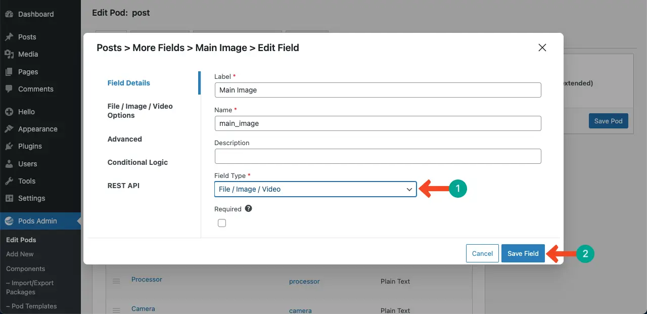 Comment créer une page Web dynamique dans WordPress avec Elementor 12 Select file type for the custom field