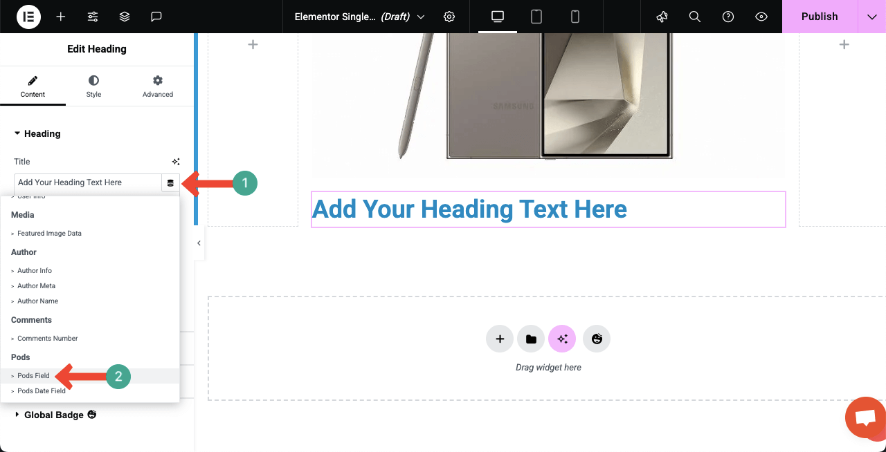 Comment créer une page Web dynamique dans WordPress avec Elementor 26 Select tag for the heading widget