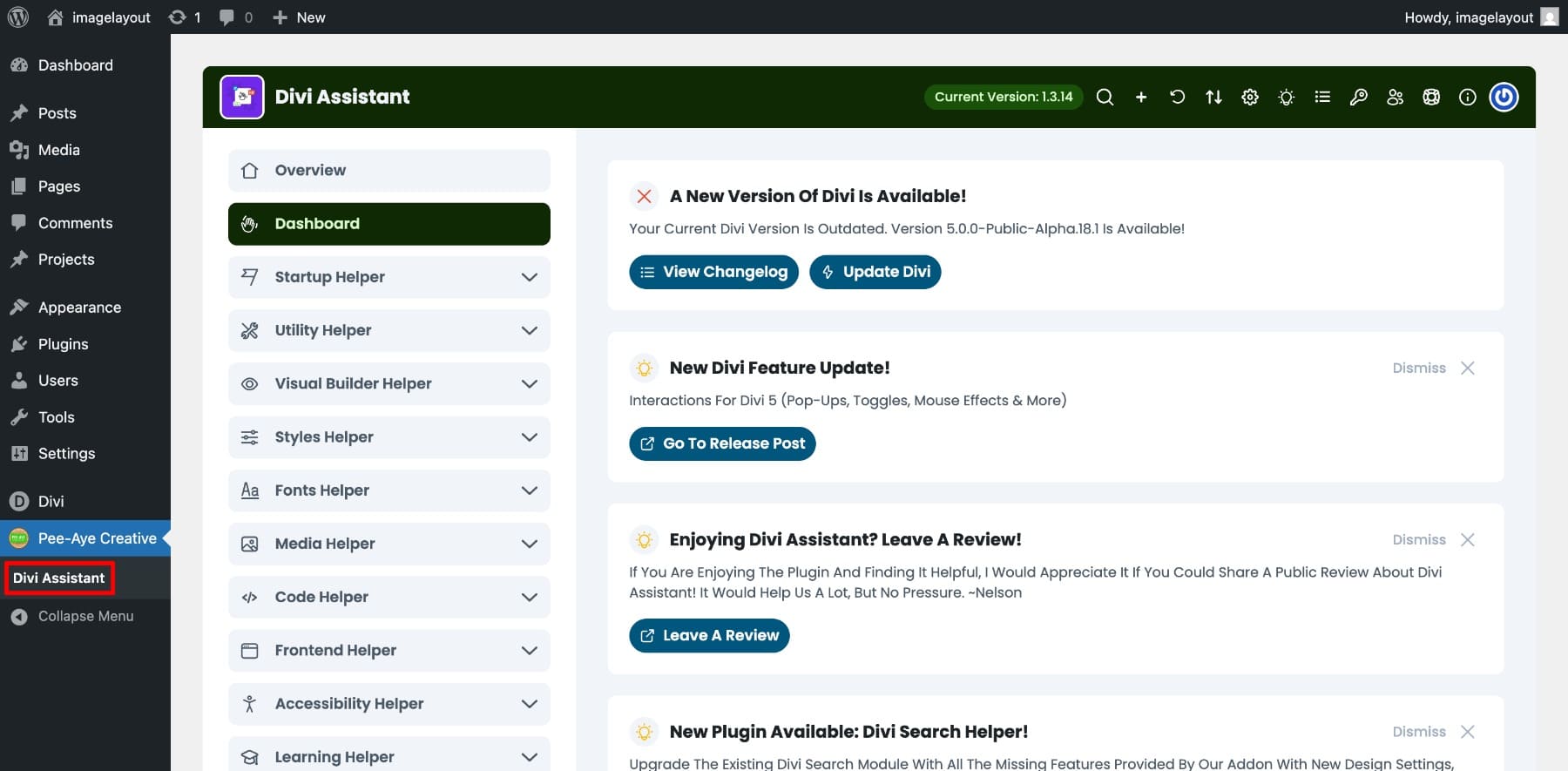 Divi Assistant Tab สามารถเข้าถึงได้ใน WordPress Dashboard