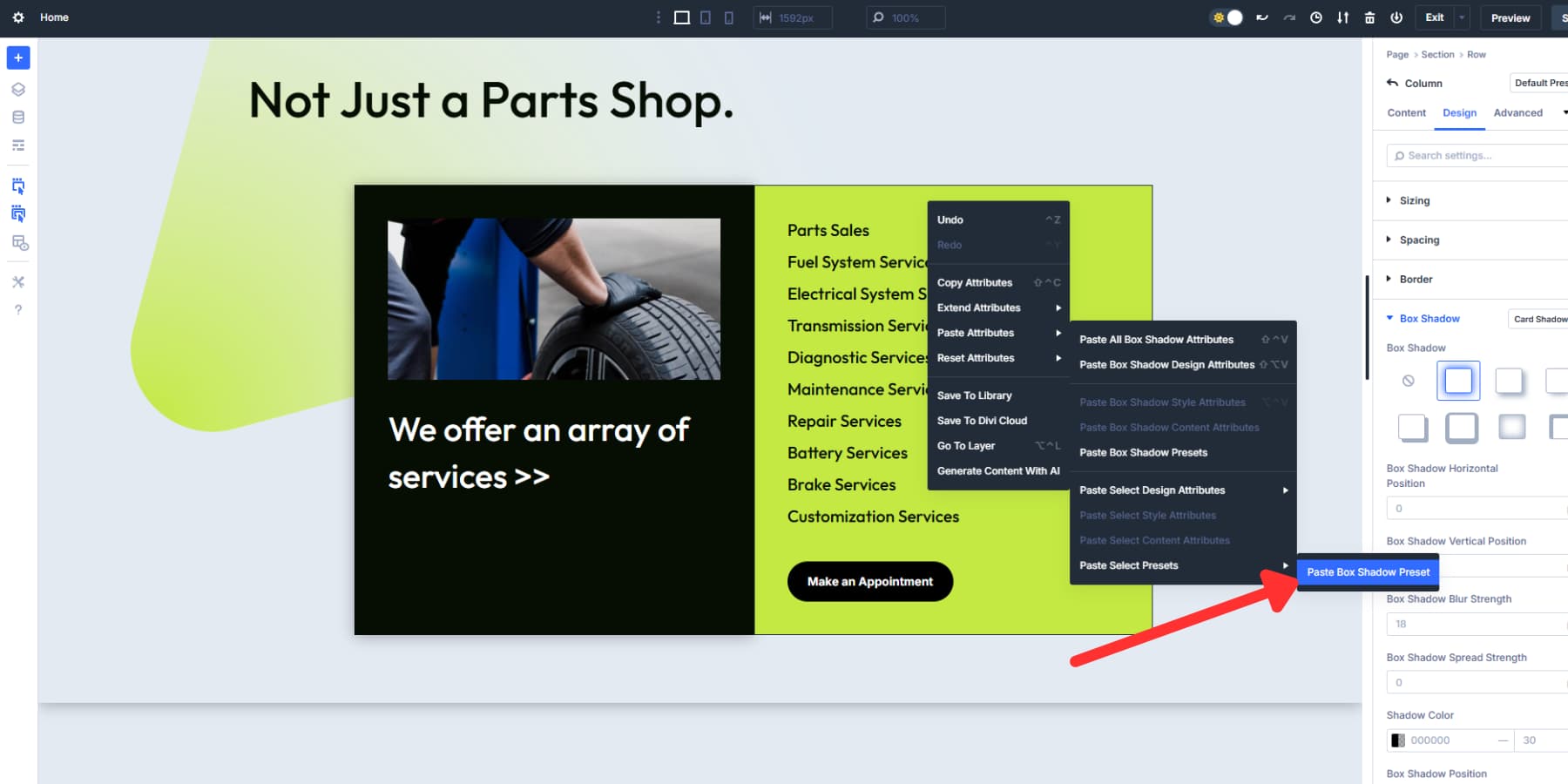 Uno screenshot di dove trovare l'opzione Pasta seleziona Preset