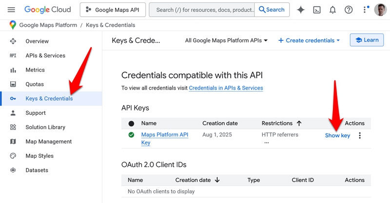 ابحث عن مفتاح API في وحدة التحكم السحابية Google