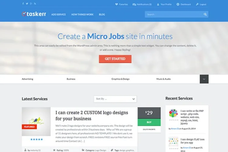 TaskERR, motyw WordPress Fiverr Clone.