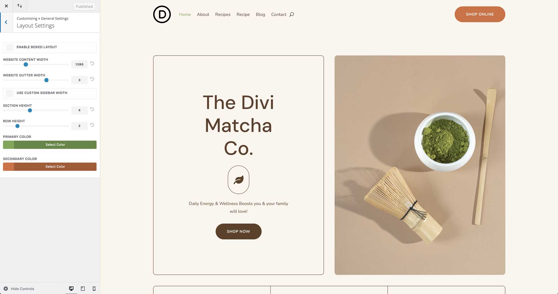 Witryna startowa matcha dla Divi