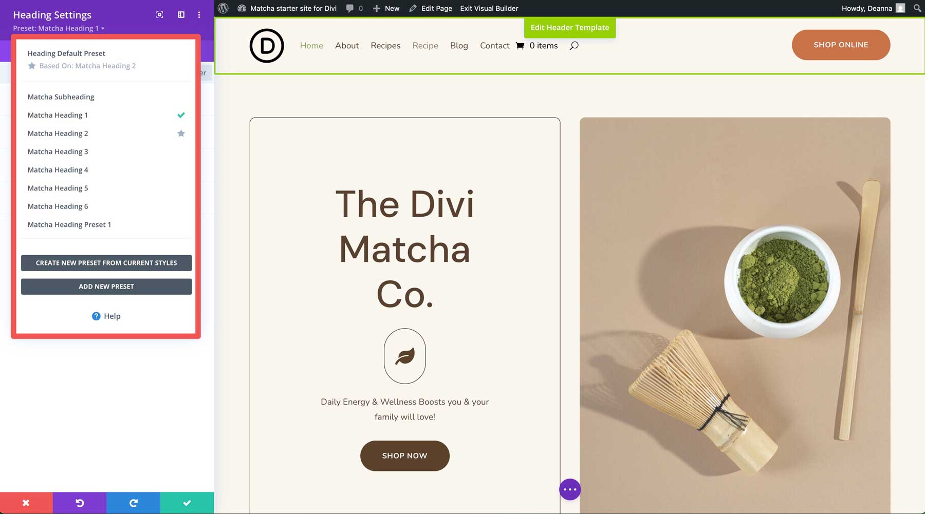 Witryna startowa matcha dla Divi