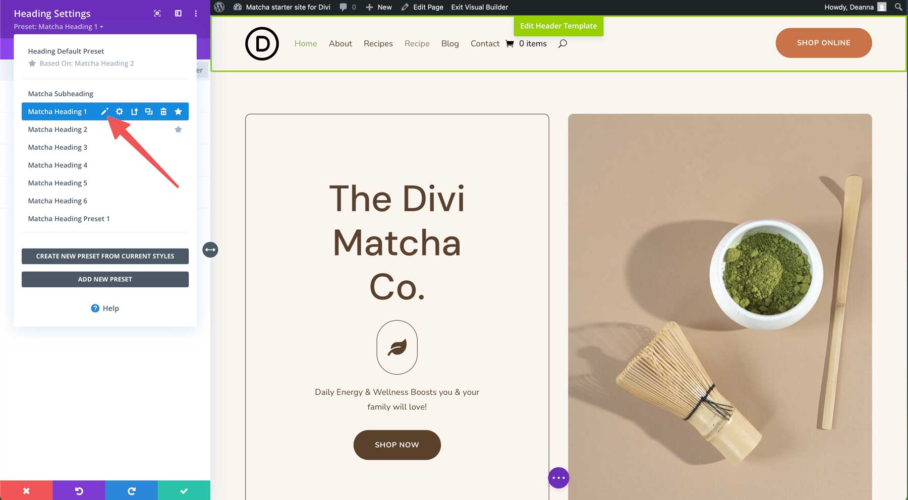 Witryna startowa matcha dla Divi