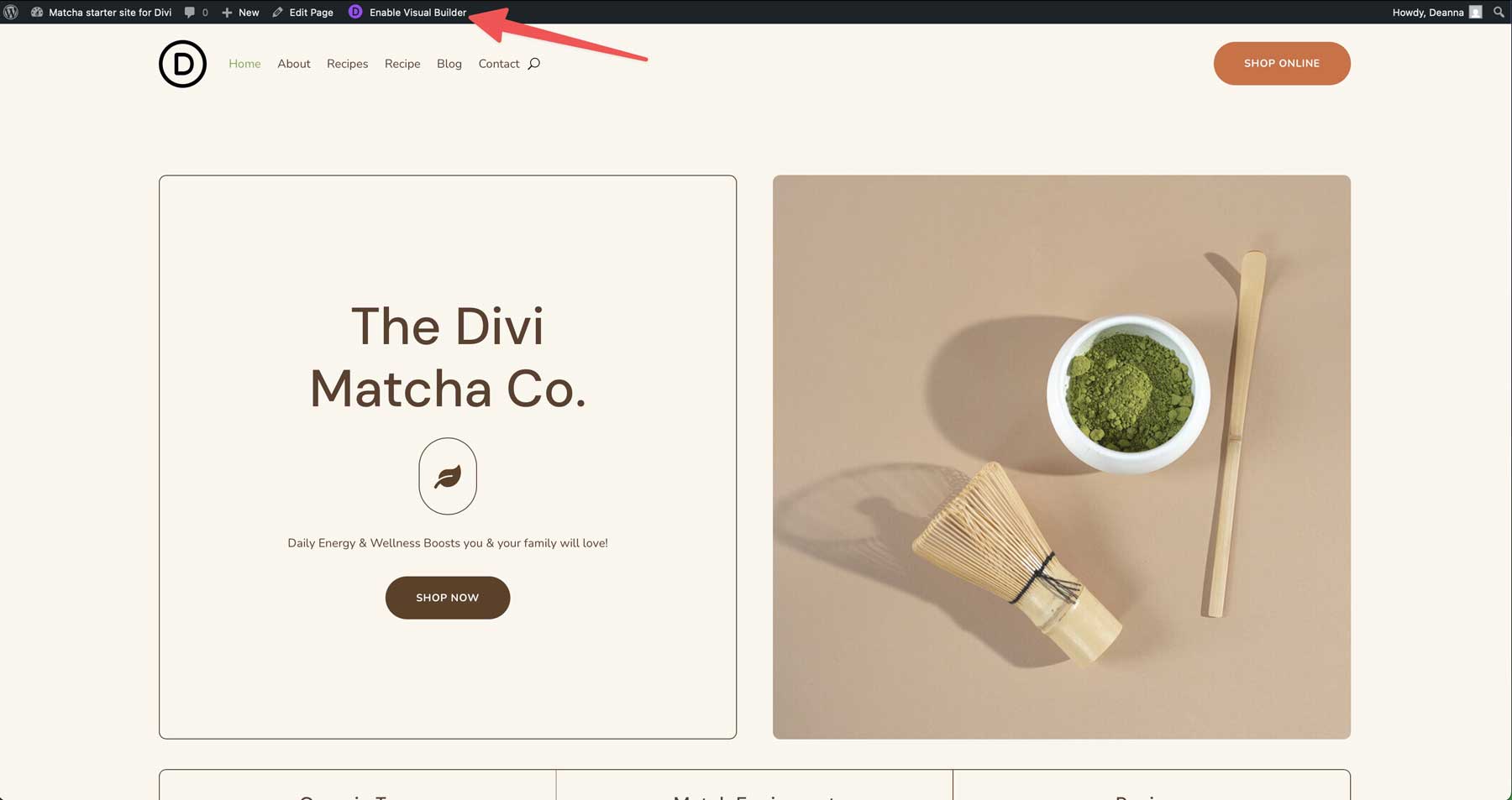 Witryna startowa matcha dla Divi